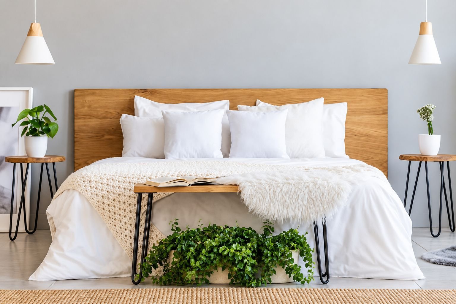 Bedroom with wooden headboard